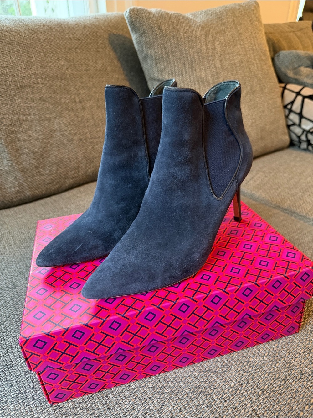 Tory Burch Navy Suede Pointed Toe Ankle Booties
